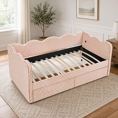 Heybly Twin Size Cozy Gingham Daybed with Storage Drawers, USB Port, Linen Fabric