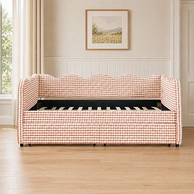 Heybly Twin Size Cozy Gingham Daybed with Storage Drawers, USB Port, Linen Fabric