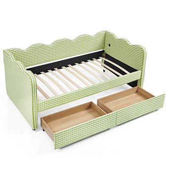 Heybly Twin Size Cozy Gingham Daybed with Storage Drawers, USB Port, Linen Fabric
