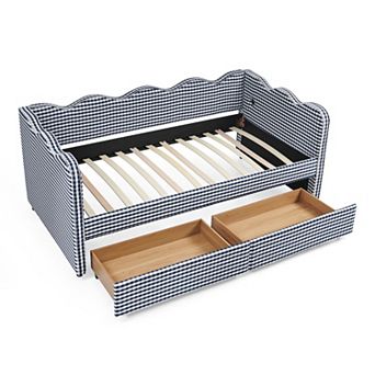 Heybly Twin Size Cozy Gingham Daybed with Storage Drawers, USB Port, Linen Fabric