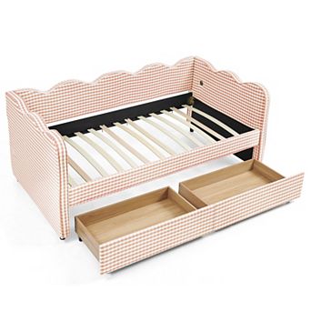 Heybly Twin Size Cozy Gingham Daybed with Storage Drawers, USB Port, Linen Fabric