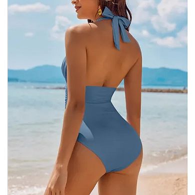 Women's Halter One Piece Swimsuit Ruched Tummy Control Backless Bathing Suit