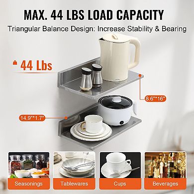 Stainless Steel Wall Mounted Shelf Set with Backsplash, 2 Pack Floating Shelves