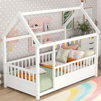 Kids Montessori Bed Twin Size Floor Bed with High Fence House Bed Wood White