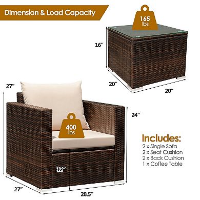 3-Piece Patio Rattan Conversation Set with Cushions