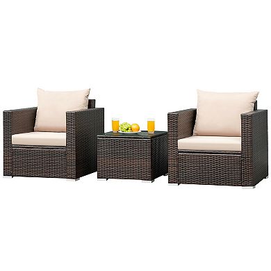 3-Piece Patio Rattan Conversation Set with Cushions