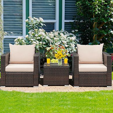 3-Piece Patio Rattan Conversation Set with Cushions