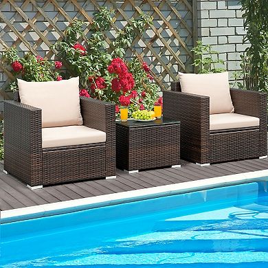 3-Piece Patio Rattan Conversation Set with Cushions