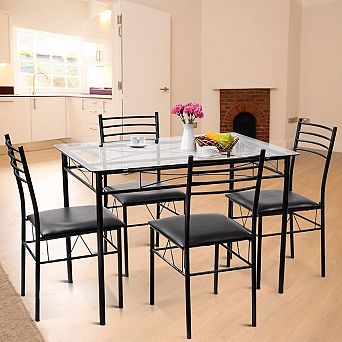 5 pc Glass Top Dining Table Set with 4 Cushioned Chairs - Black