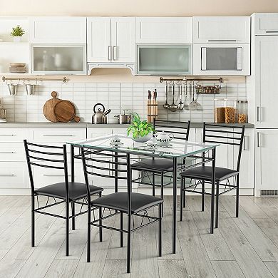 5-Piece Glass Top Dining Table Set with 4 Cushioned Chairs - Black