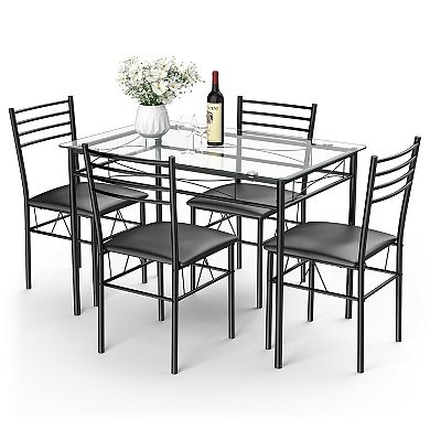 5-Piece Glass Top Dining Table Set with 4 Cushioned Chairs - Black