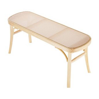 Rattan Entryway Bench 43.3 Inch Wooden Boho Bench With Oak Legs