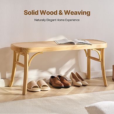 Rattan Entryway Bench 43.3 Inch Wooden Boho Bench With Oak Legs