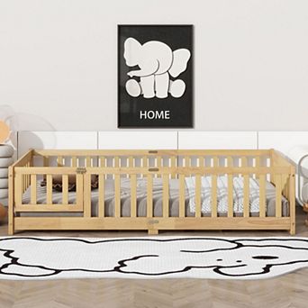 Twin Floor Bed with Slats Fence and Door Montessori Bed Frame for Kids Easy Assembly Natural