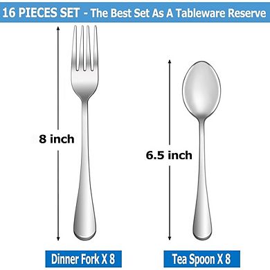 Stainless Steel Fork & Spoon Set, 16-Piece Mirror Polished, Dishwasher Safe