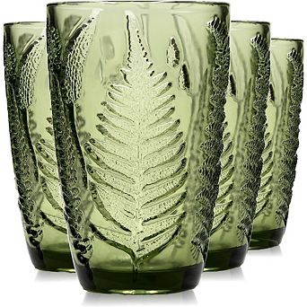 Green Vintage Glasses Set of 4, 12 oz Highball & Tumblers, Embossed Boho Style