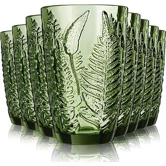 Green Boho Vintage Glasses Set of 8, 12 oz Highball & Cocktail Glasses