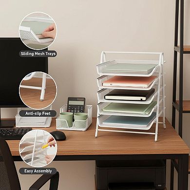 5 Tier Paper Tray Organizer Vertical Desktop File Rack Metal Mesh Black for Classrooms & Offices