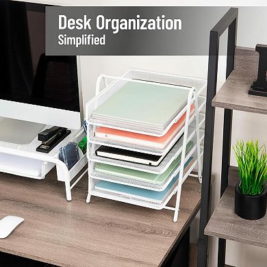 5 Tier Paper Tray Organizer Vertical Desktop File Rack Metal Mesh Black for Classrooms & Offices