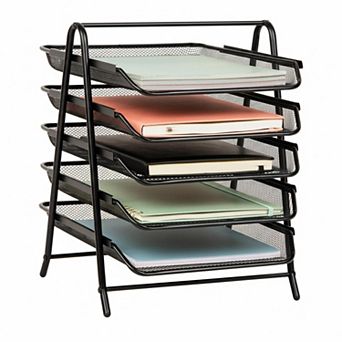 5 tier Paper Tray Organizer Vertical Desktop File Rack Metal Mesh Black for Classrooms & Offices