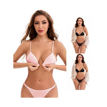 3 Packs Women's Satin Front Closure Spaghetti Straps Plunge Wirefree Triangle Bra No Show Thong Set