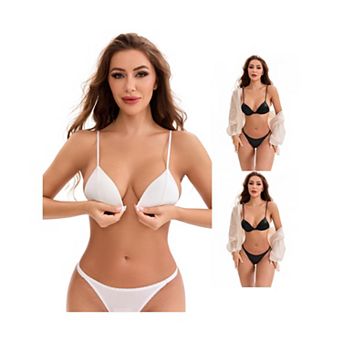 3 Packs Women's Satin Front Closure Spaghetti Straps Plunge Wirefree Triangle Bra No Show Thong Set