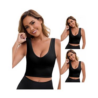 3 Packs Women's Reversible V-Neck Athletic Tank Bra Wide Straps Stretchable Ribbed Sport Bras
