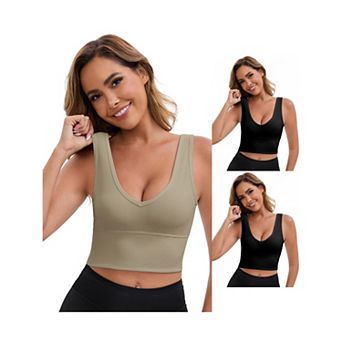 3 Packs Women's Reversible V-Neck Athletic Tank Bra Wide Straps Stretchable Ribbed Sport Bras