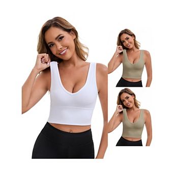 3 Packs Women's Reversible V-Neck Athletic Tank Bra Wide Straps Stretchable Ribbed Sport Bras
