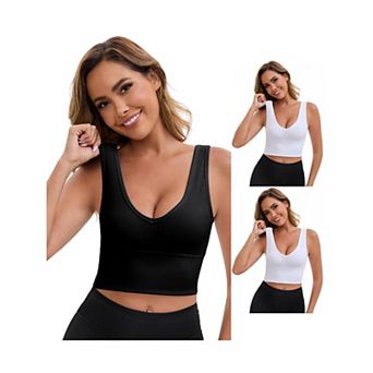 3 Packs Women's Reversible V-Neck Athletic Tank Bra Wide Straps Stretchable Ribbed Sport Bras