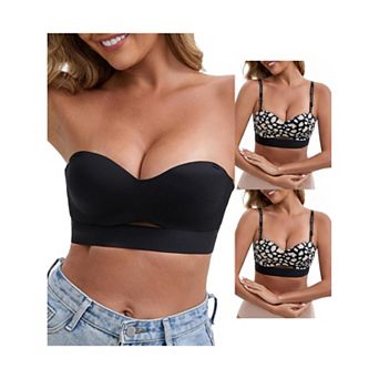 3 Packs Women's Strapless Non Slip Wirefree Bandeau Sweetheart Neck Push-Up Padded Tube Bras