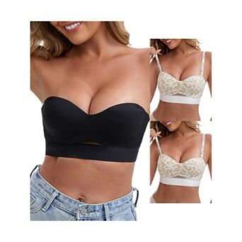 3 Packs Women's Strapless Non Slip Wirefree Bandeau Sweetheart Neck Push-Up Padded Tube Bras