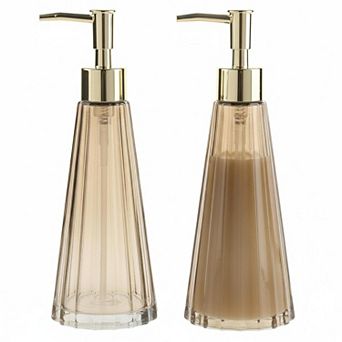 2 Vintage Soap Lotion Dispensers Smoked Glass Brass Pump Vertical Ribbed Design