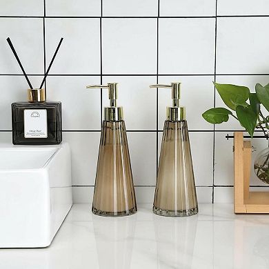 2 Vintage Soap Lotion Dispensers Smoked Glass Brass Pump Vertical Ribbed Design