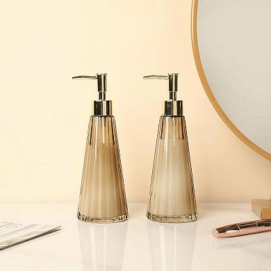 2 Vintage Soap Lotion Dispensers Smoked Glass Brass Pump Vertical Ribbed Design