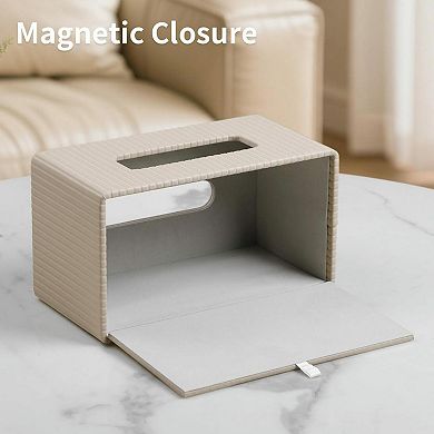 Extra Large PU Leather Tissue Box Cover Magnetic Closure Ribbed Texture Durable Decorative