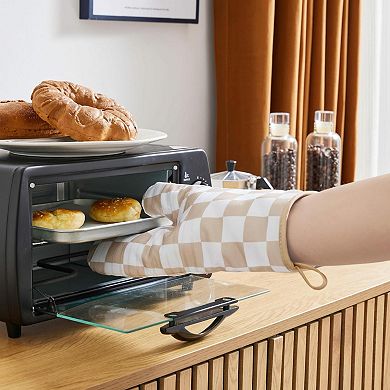 Checkered Oven Mitts Heat Resistant Non-slip Silicone Kitchen Gloves 1 Pair Extended Size