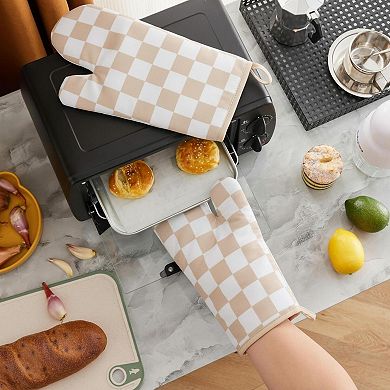 Checkered Oven Mitts Heat Resistant Non-slip Silicone Kitchen Gloves 1 Pair Extended Size