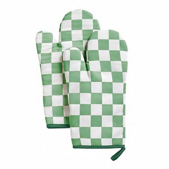 Checkered Oven Mitts Heat Resistant Non-slip Silicone Kitchen Gloves 1 Pair Extended Size