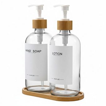 Clear Glass Soap Dispensers with Bamboo Pumps Tray Labels Hand Lotion Dish Set