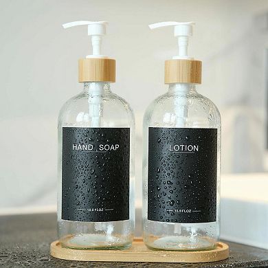Clear Glass Soap Dispensers with Bamboo Pumps Tray Labels Hand Lotion Dish Set
