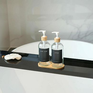 Clear Glass Soap Dispensers with Bamboo Pumps Tray Labels Hand Lotion Dish Set
