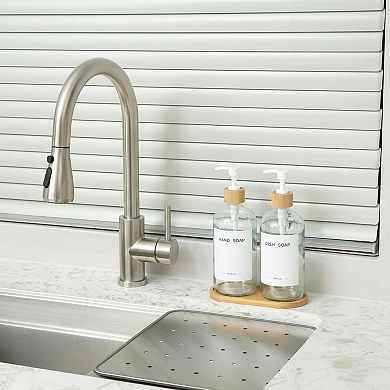 Clear Glass Soap Dispensers with Bamboo Pumps Tray Labels Hand Lotion Dish Set
