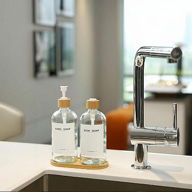 Clear Glass Soap Dispensers with Bamboo Pumps Tray Labels Hand Lotion Dish Set