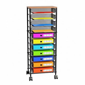 12 tier Rolling File Cart Wood Top Metal Mesh Trays Multifunctional Office Home School Storage