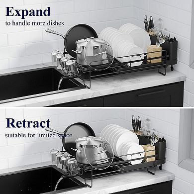 Extendable Dish Drying Rack Multifunctional Anti-Rust Drainers With Cutlery Cup Holders Adjustable