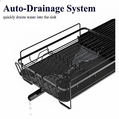 Extendable Dish Drying Rack Multifunctional Anti-Rust Drainers With Cutlery Cup Holders Adjustable