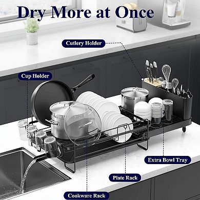 Extendable Dish Drying Rack Multifunctional Anti-Rust Drainers With Cutlery Cup Holders Adjustable