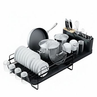 Extendable Dish Drying Rack Multifunctional Anti-Rust Drainers With Cutlery Cup Holders Adjustable