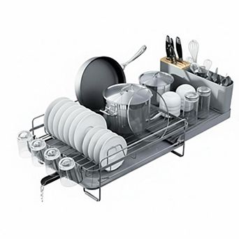 Extendable Dish Drying Rack Multifunctional Anti-Rust Drainers With Cutlery Cup Holders Adjustable